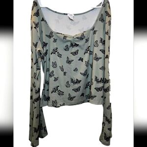 Rue 21 Plus Shirt Women’s Green Black Butterflies Long Sleeve Cropped Stretch 2x